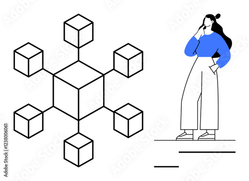 Networked cubes connected by lines with a thoughtful woman in blue contemplating the structure. Ideal for teamwork, innovation, brainstorming, planning, strategy, connection, organization