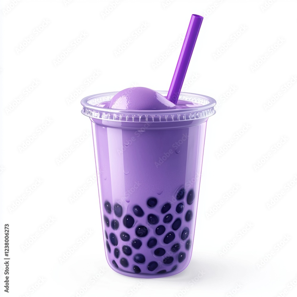 deep purple taro bubble tea with tapioca pearls, served with a purple straw in a clear plastic cup, isolated on a clean white background deep purple taro bubble tea with tapioca pearls, served with a purple straw in a clear plastic cup, isolated on a clean white background