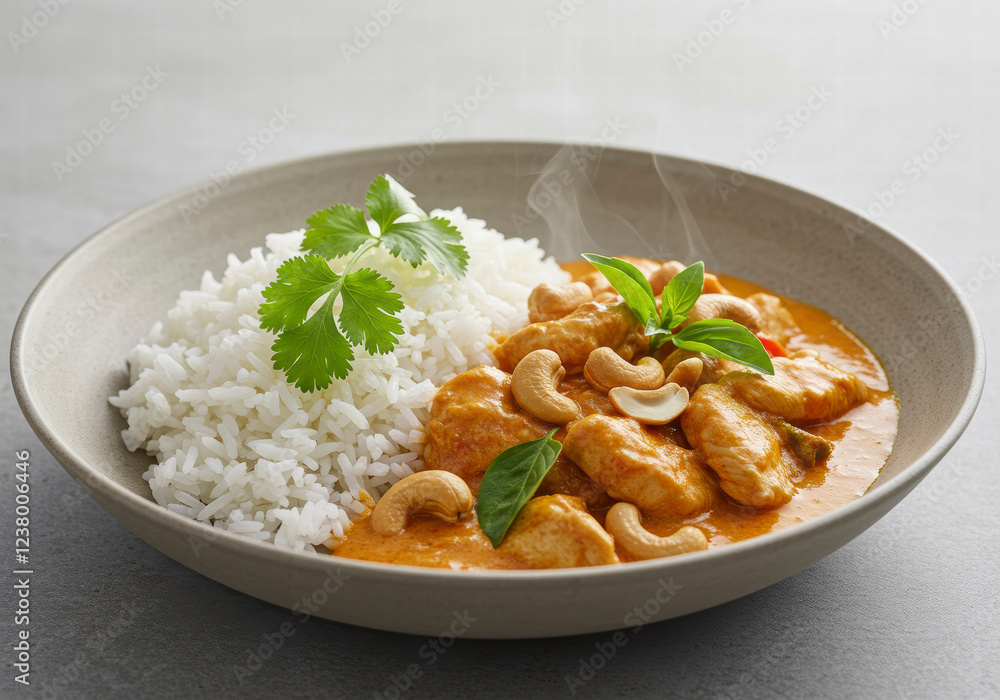 Aromatic Chicken and Cashew Red Curry Served with Steamed Rice and Herbs, A Delicious Thai-Style Meal from Above Aromatic Chicken and Cashew Red Curry Served with Steamed Rice and Herbs, A Delicious Thai-Style Meal from Above