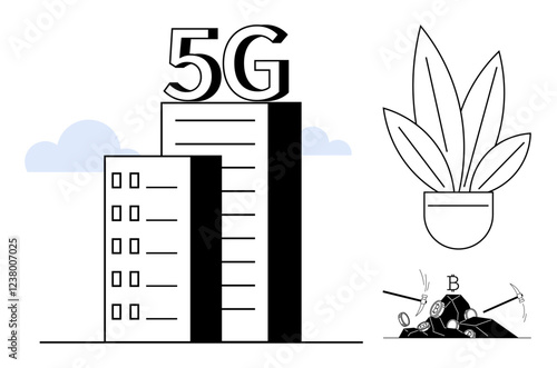 Buildings labeled with 5G, leafy plant in pot signifying growth, miners extracting cryptocurrencies. Ideal for technology, innovation, growth, sustainability, finance, investment and digital