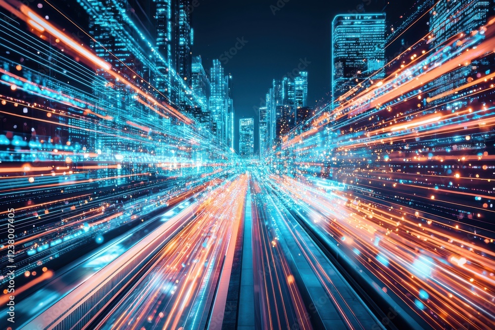 Dynamic Light Trails Over Urban Cityscape at Night Dynamic Light Trails Over Urban Cityscape at Night