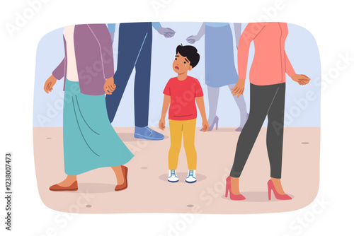 Little boy is lost on street and is crying, standing among passers-by walking in different directions. Homeless child lost due to carelessness of parents, needs help of caring people