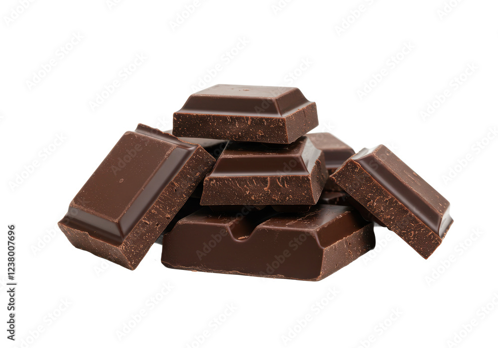 A pile of dark chocolate chunks with rough, broken edges and scattered crumbs, isolated on a white background A pile of dark chocolate chunks with rough, broken edges and scattered crumbs, isolated on a white background