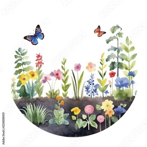 watercolors garden filled with butterflies illustration 