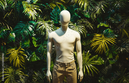 Tropical Fashion Display: A male mannequin in a simple white shirt and brown pants, surrounded by vibrant, lush tropical foliage, creates a captivating display of modern and effortless style. photo