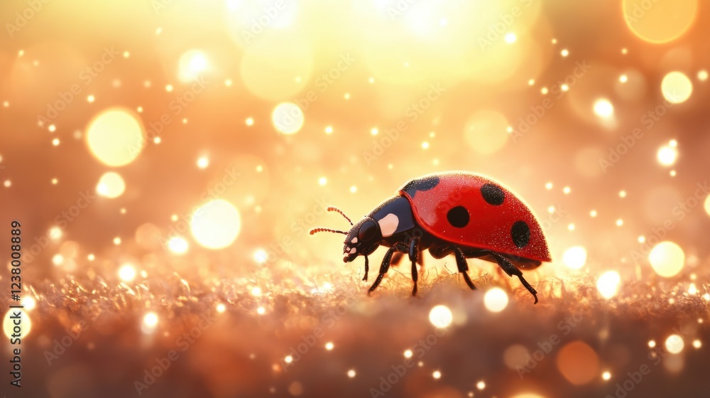 Fototapeta premium Happy ladybug with tiny twinkling stars around it, giving a magical look, isolated on white