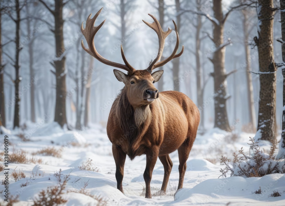 Large brown reindeer with impressive antlers in snow-covered woodland, frost, majestic creature, cold weather Large brown reindeer with impressive antlers in snow-covered woodland, frost, majestic creature, cold weather