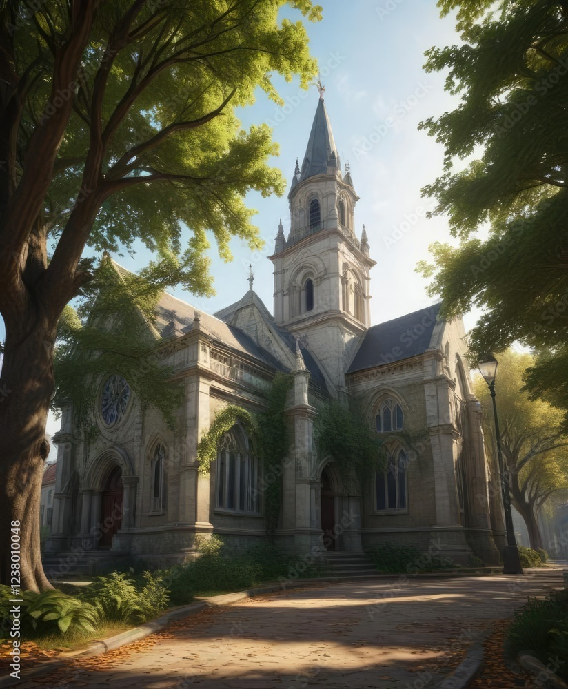 Fototapeta premium Large leafy branches covering a historic church, nature, architecture