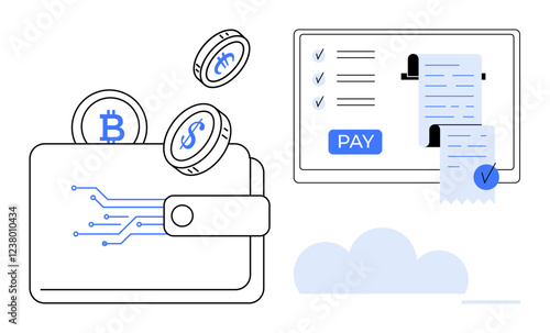 Digital wallet with cryptocurrency coins and electronic circuits. Tablet screen displaying payment receipt with ticked checkboxes. Ideal for finance, banking, electronic transactions, mobile payment