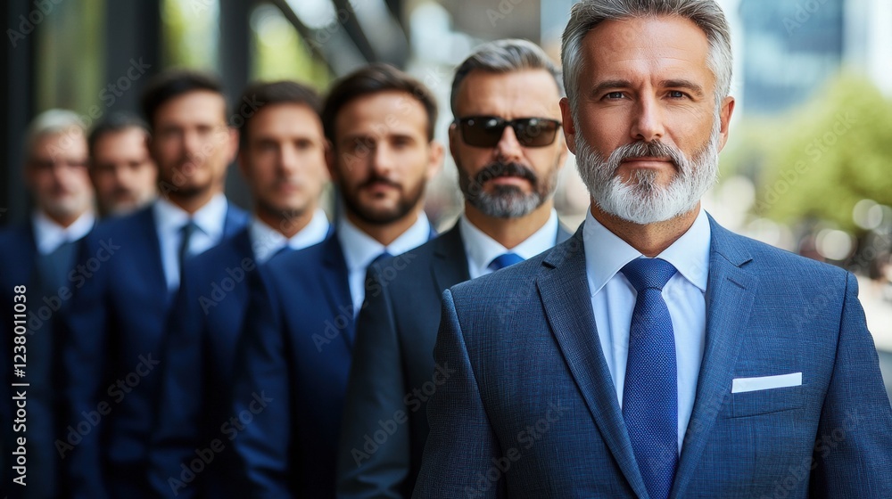 Professional men in suits standing confidently in a line Professional men in suits standing confidently in a line