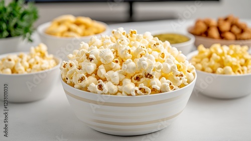 Wallpaper Mural Elegant Popcorn in gameday themed striped boxes with a variety of seasonings and snacks scattered on a tabletop with a TV in the background  Torontodigital.ca