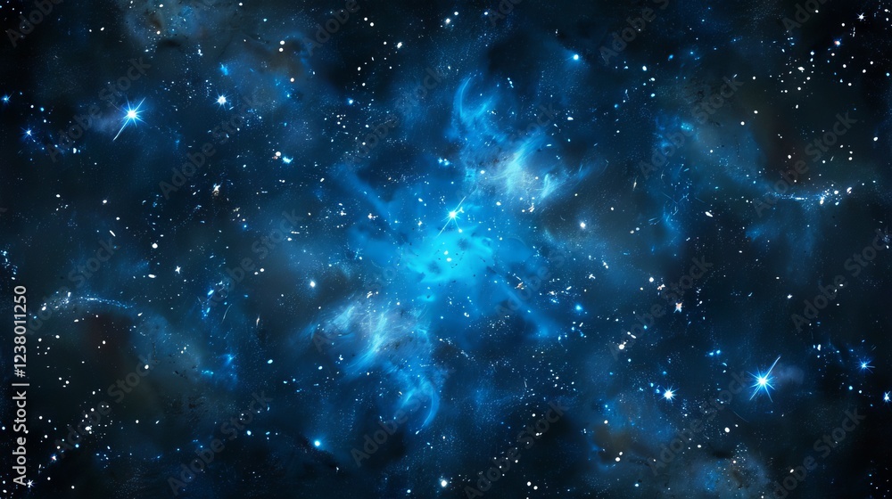 Naklejka premium Luminous cosmic watercolor background with swirling blue nebulae, dreamy starry undertones, and ethereal space-inspired brushstrokes