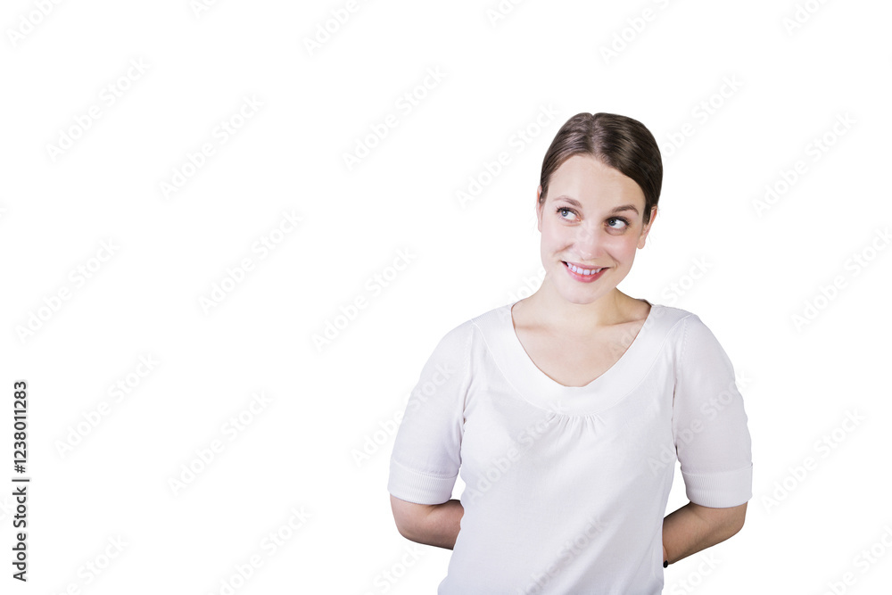 Smiling woman in white shirt looking away, posed against a white background. Isolated portrait, casual and cheerful expression, concept of positivity Smiling woman in white shirt looking away, posed against a white background. Isolated portrait, casual and cheerful expression, concept of positivity