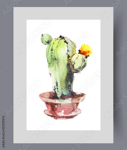 Large cactus with flower in home flowerpot with clay on wall art. Watercolor print. Artwork with succulent cactus decorating house and purifying air, in frame with decor for poster