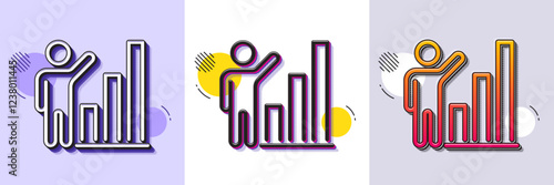 Graph line icon. Halftone dotted pattern. Gradient icon with grain shadow. Column chart sign. Growth diagram symbol. Line graph chart icon. Various designs. Vector