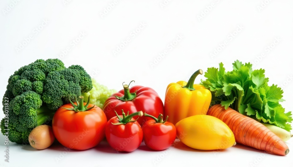Assorted raw vegetables on pristine white backdrop , orange, diet Assorted raw vegetables on pristine white backdrop , orange, diet