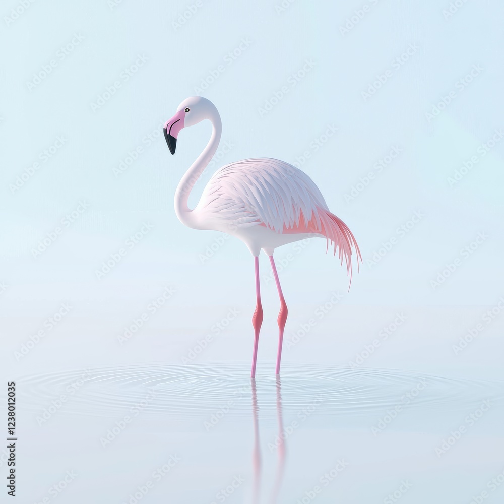 Fototapeta premium Elegant pink flamingo standing on one leg in shallow water, isolated on a clean white background