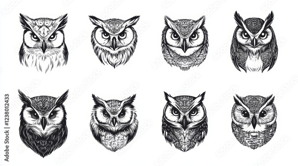 Large set of black and white vector owl bird heads showing different species and plumage, vector isolated on white, logo idea Large set of black and white vector owl bird heads showing different species and plumage, vector isolated on white, logo idea