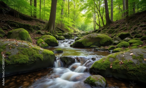 Serene forest stream with mossy rocks