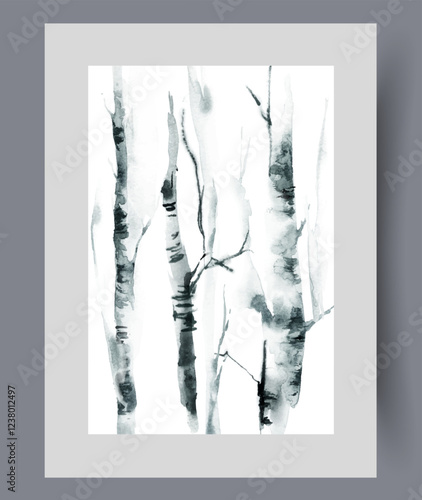 Trunks of birch trees growing in forest or city park with plants on wall art. Watercolor artwork. Poster with white striped birch trees without foliage from woodland, in frame with decor for print