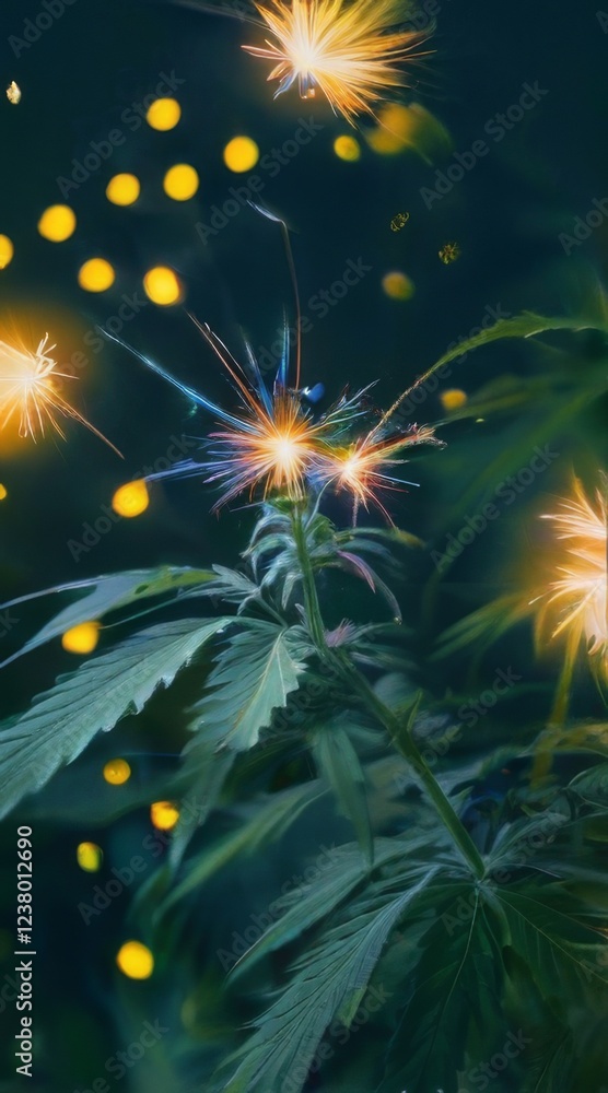 Closeup of cannabis plant with sparkler emitting bright light, against dark background with bokeh effect. Dreamy and ethereal vibe. Closeup of cannabis plant with sparkler emitting bright light, against dark background with bokeh effect. Dreamy and ethereal vibe.
