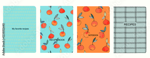 Cover page vector templates for recipe books based on seamless patterns with hand drawn apples, pears, plums. Cookery books cover layout. Healthy fruit, vegan food concept