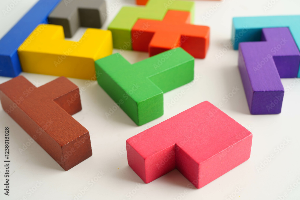 Logical thinking and problem solving problem solution creative business, wooden puzzle geometric block shape. Logical thinking and problem solving problem solution creative business, wooden puzzle geometric block shape.