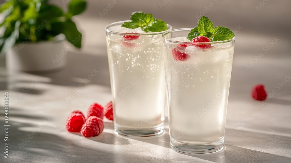Elegant Two glasses of sparkling water with fresh raspberries and a hint of mint placed on a pastel pink background with shadows Elegant Two glasses of sparkling water with fresh raspberries and a hint of mint placed on a pastel pink background with shadows