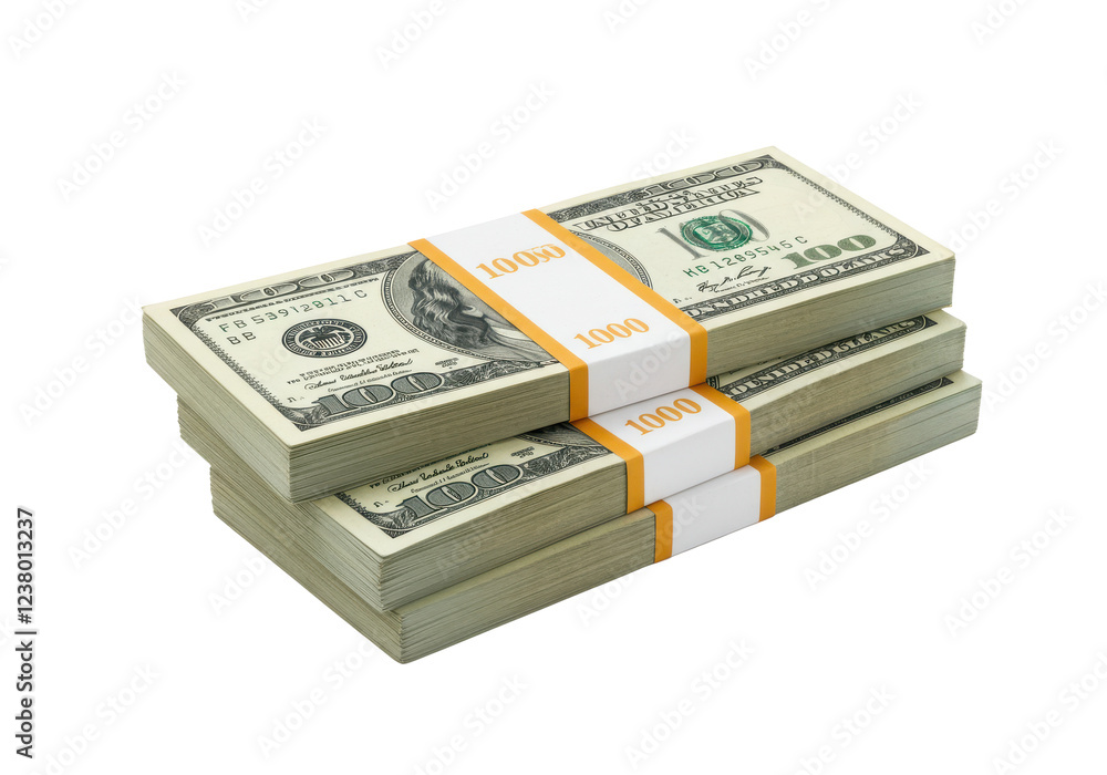 A stack of bundled 100 US bills arranged in a pile, each secured with an orange band, isolated on a white background A stack of bundled 100 US bills arranged in a pile, each secured with an orange band, isolated on a white background