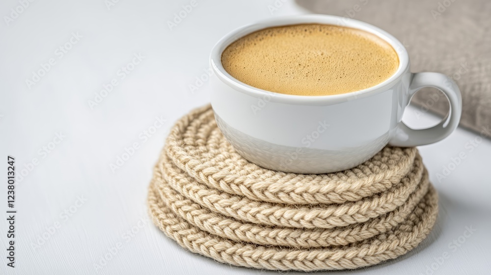 Elegant Wheat stitch crochet coasters in natural jute yarn stacked neatly beside a cup of coffee on a clean white tabletop 
