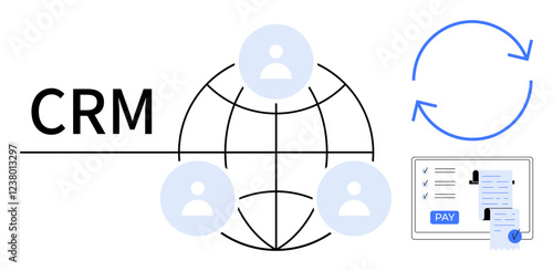 CRM system with interconnected users around the globe, synchronized data, and a payment process interface. Ideal for customer relationship management, global outreach, data synchronization, automated