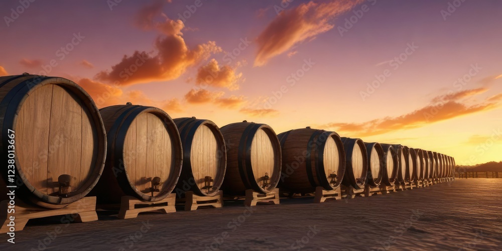 Line of wooden wine barrels against a warm sunset sky, vintage bottles, wine cellar, rural landscape Line of wooden wine barrels against a warm sunset sky, vintage bottles, wine cellar, rural landscape