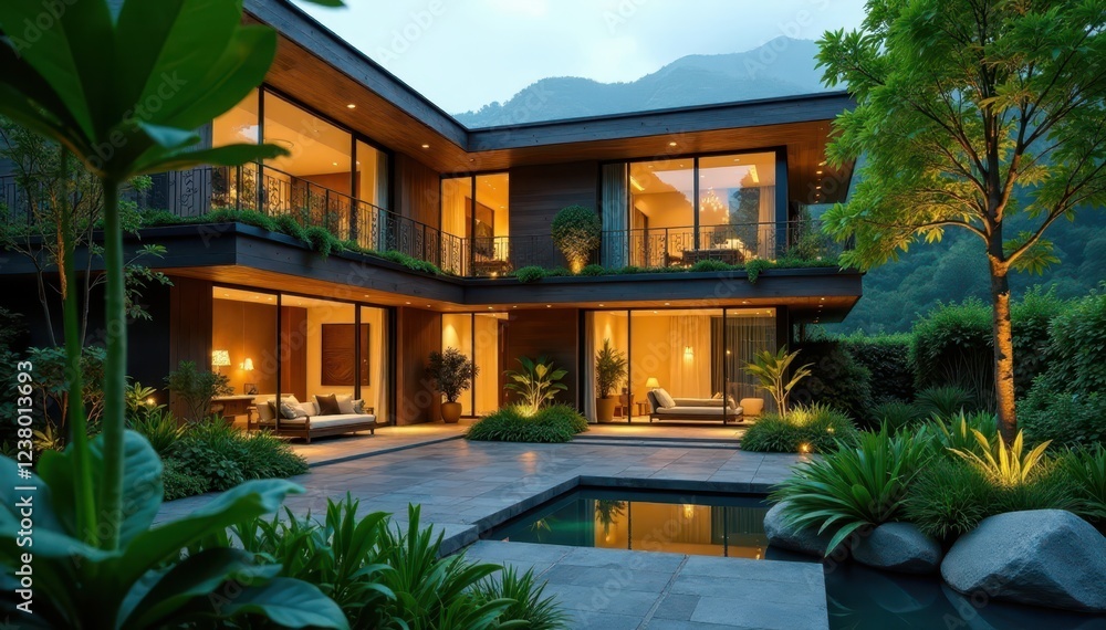 Fototapeta premium Eco-friendly architecture with illuminated plant, architecture, technology