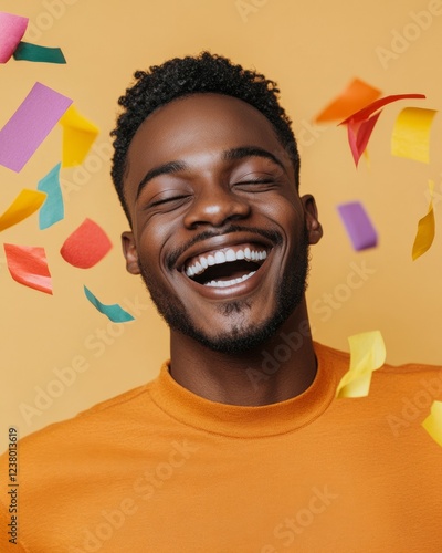 Wallpaper Mural Vibrant Diversity Celebration Smiling Man Amidst Colorful Confetti - Modern Inclusivity Imagery for Social Equality Campaigns and Joyful Marketing Content Torontodigital.ca