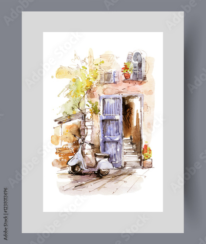 Scooter is parked near entrance to house with stairs on wall art. Watercolor artwork. Print with streets of European city with scooter for fast travel, in frame with decor for poster