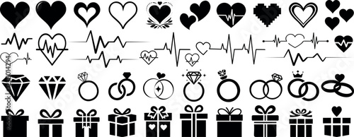 Valentine Day graphic element set, heart icon, diamond shape, engagement rings, wedding bands, gift boxes, and heartbeat lines vector for Valentine's Day, love, wedding, romantic design