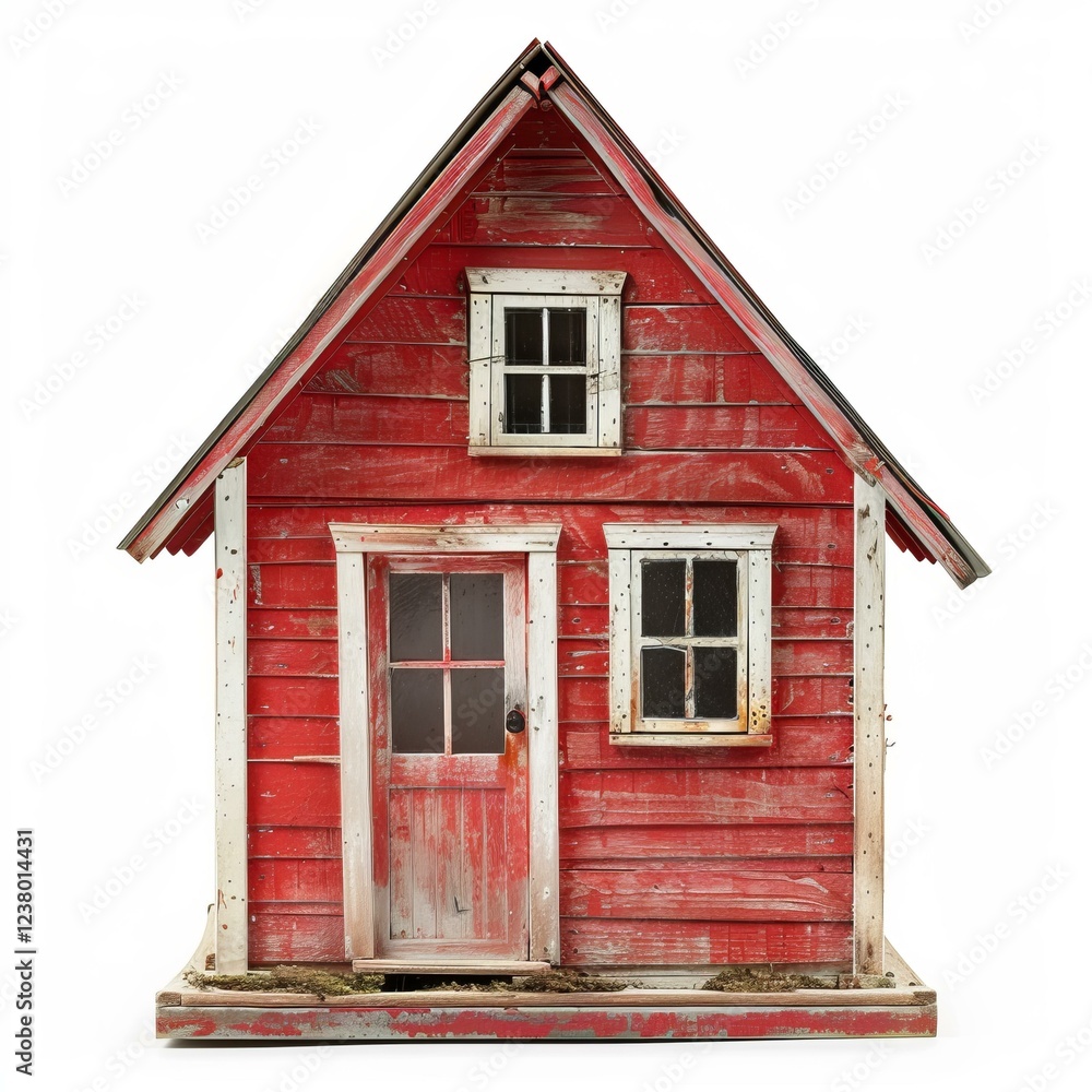 Red miniature wooden house with weathered paint and white trims, evoking a rustic charm Red miniature wooden house with weathered paint and white trims, evoking a rustic charm