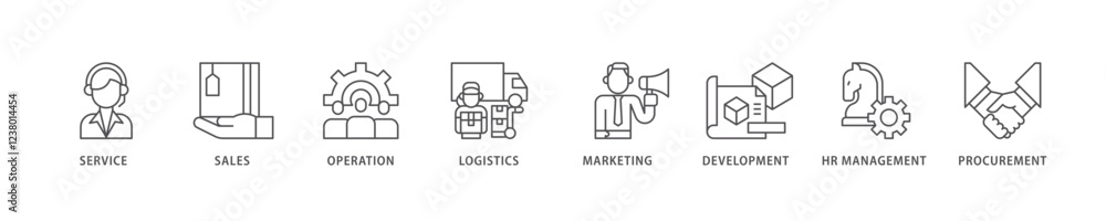 Value chain icon set flow process which consists of service, sales, operation, logistics, marketing, development, hr management, procurement icon live stroke and easy to edit . Value chain icon set flow process which consists of service, sales, operation, logistics, marketing, development, hr management, procurement icon live stroke and easy to edit .
