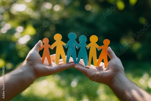 Hands holding colorful paper chain people outdoors.
