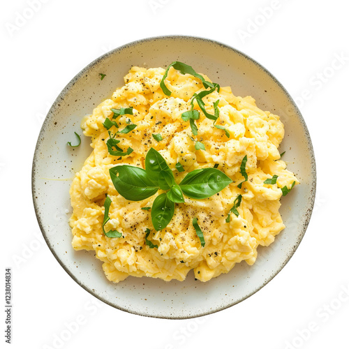 Scrambled eggs on a plate showcasing a smooth, creamy texture; professional food photo, overhead view composition; isolated on white background. photo