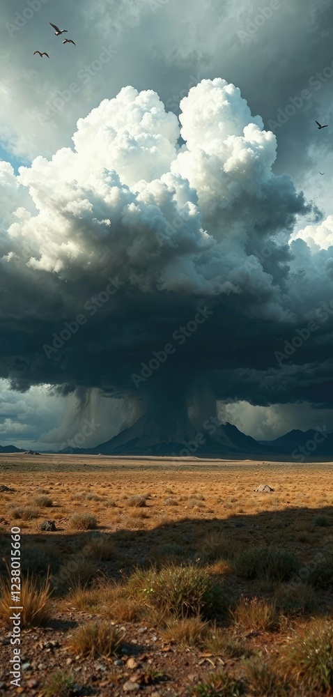 Low-hanging storm clouds casting a shadow over the dry ground, darkening sky, foreboding weather Low-hanging storm clouds casting a shadow over the dry ground, darkening sky, foreboding weather