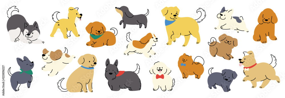 Obraz premium Cute dogs doodle vector set. Cartoon dog or puppy characters design collection with flat color in different poses, breed, retriever, husky. Set of funny pet animals isolated on white background.