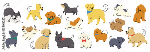 Cute dogs doodle vector set. Cartoon dog or puppy characters design collection with flat color in different poses, breed, retriever, husky. Set of funny pet animals isolated on white background.