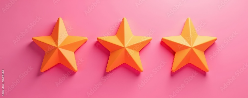 Pink backdrop with three vibrant orange stars, signifying high rating, icon, rating Pink backdrop with three vibrant orange stars, signifying high rating, icon, rating