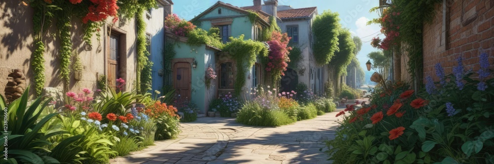 lush greenery and flowers create a peaceful atmosphere in a seaside alley, outdoor, foliage, flowers lush greenery and flowers create a peaceful atmosphere in a seaside alley, outdoor, foliage, flowers