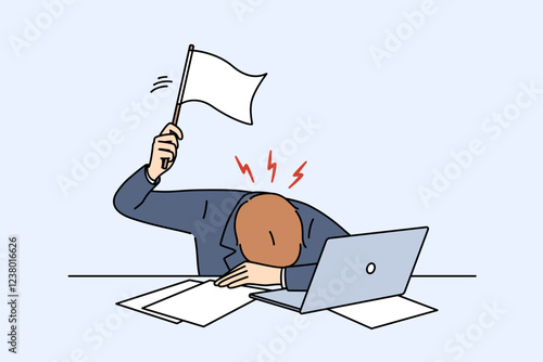 Stress of business man waving white flag after professional burnout, lying at workplace at table with laptop. Problem of stress among office employees who are victims of strict deadline
