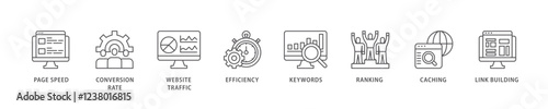 Website optimization icon set flow process which consists of page speed, conversion rate, website traffic, efficiency, keywords, ranking, caching  icon live stroke and easy to edit .