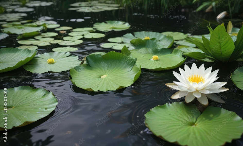 Lush green foliage wraps around a elegant white water lily bloom , leafy greens, natural beauty Lush green foliage wraps around a elegant white water lily bloom , leafy greens, natural beauty