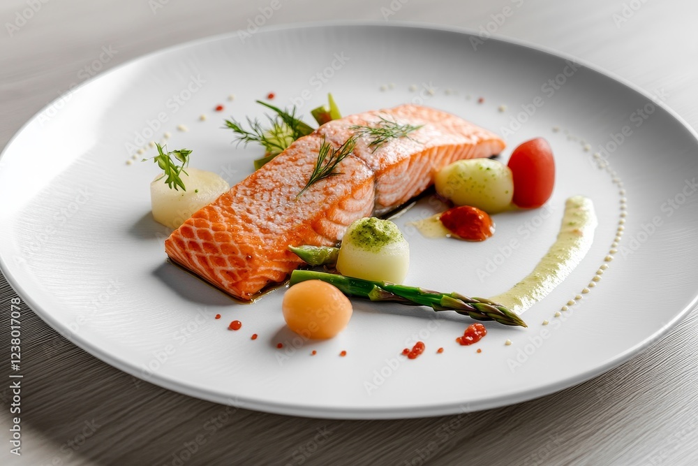 Pan-seared salmon fillet with asparagus, melon, and aioli on a white plate. Pan-seared salmon fillet with asparagus, melon, and aioli on a white plate.