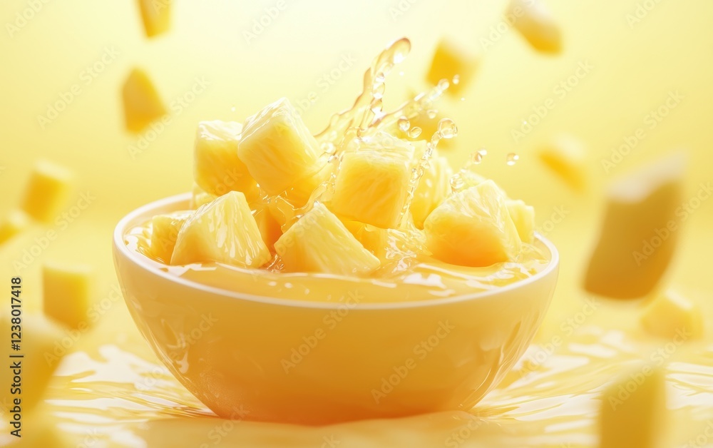 Floating Bowl of Fresh Pineapple Chunks with a Splash of Tropical Juice on a Soft Pastel Lemon Background Floating Bowl of Fresh Pineapple Chunks with a Splash of Tropical Juice on a Soft Pastel Lemon Background